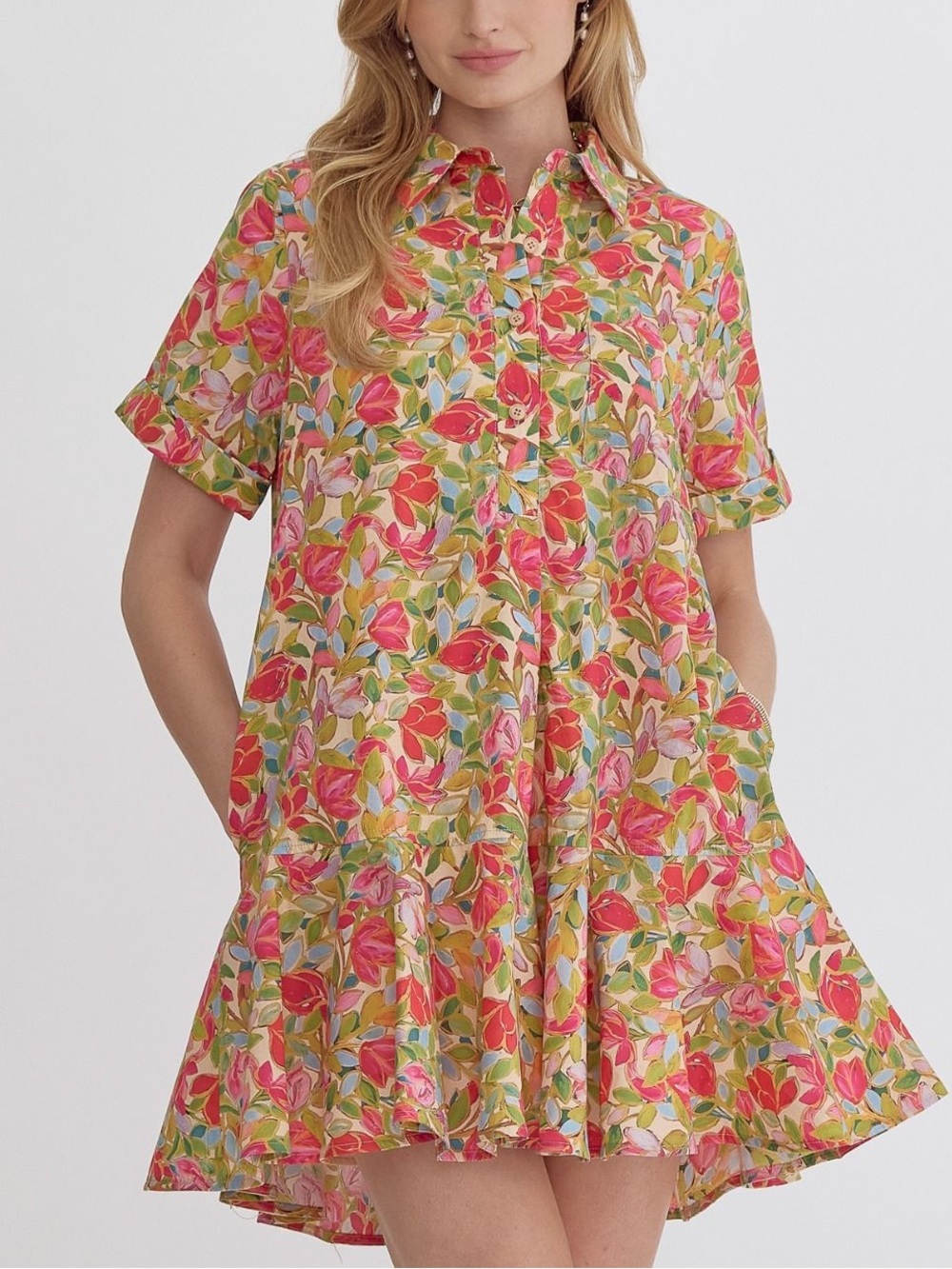 ENTRO Chartreuse Floral Print Short Sleeve mini Shirt Dress women size L
